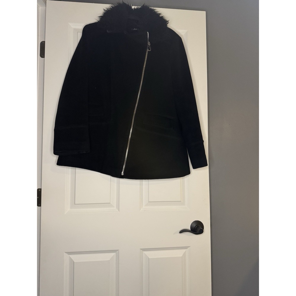 Calvin Klein Asymmetrical Winter Pea Coat With Faux Fur Xl Black